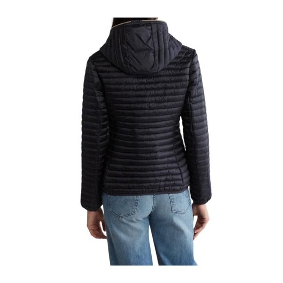 Save The Duck Womens Black Hooded Water Resistant Shiny Puffer Jacket Sz L New - Picture 2 of 15